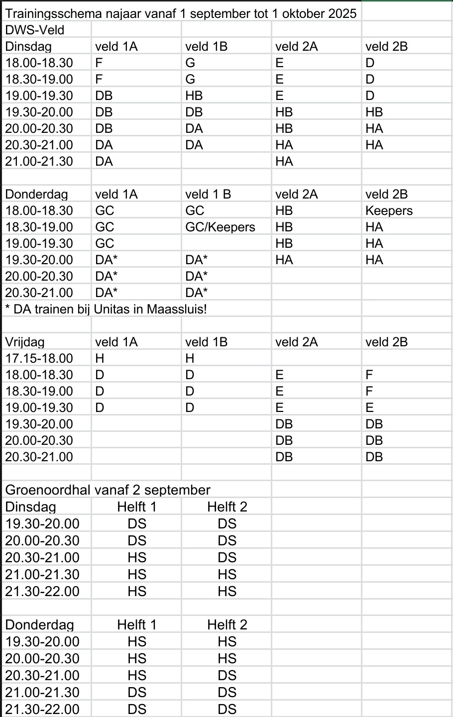 TRAININGSSCHEMA NAJAAR 2025
